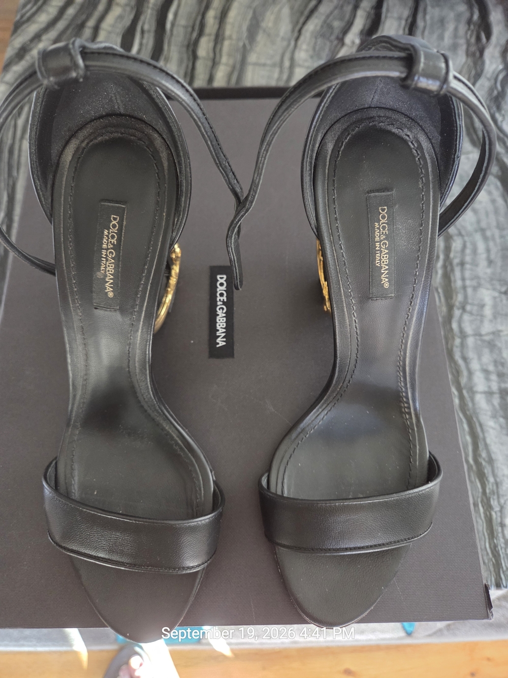 Dolce & Gabbana Keira Baroque DG Heel Black Leather Ankle-Strap Sandals